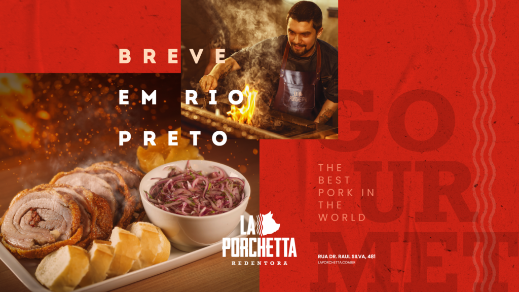 Breve em Rio Preto:LA PORCHETTA. Ao fundo homem em serviço em uma churrasqueira com avental escrito: La Porchetta